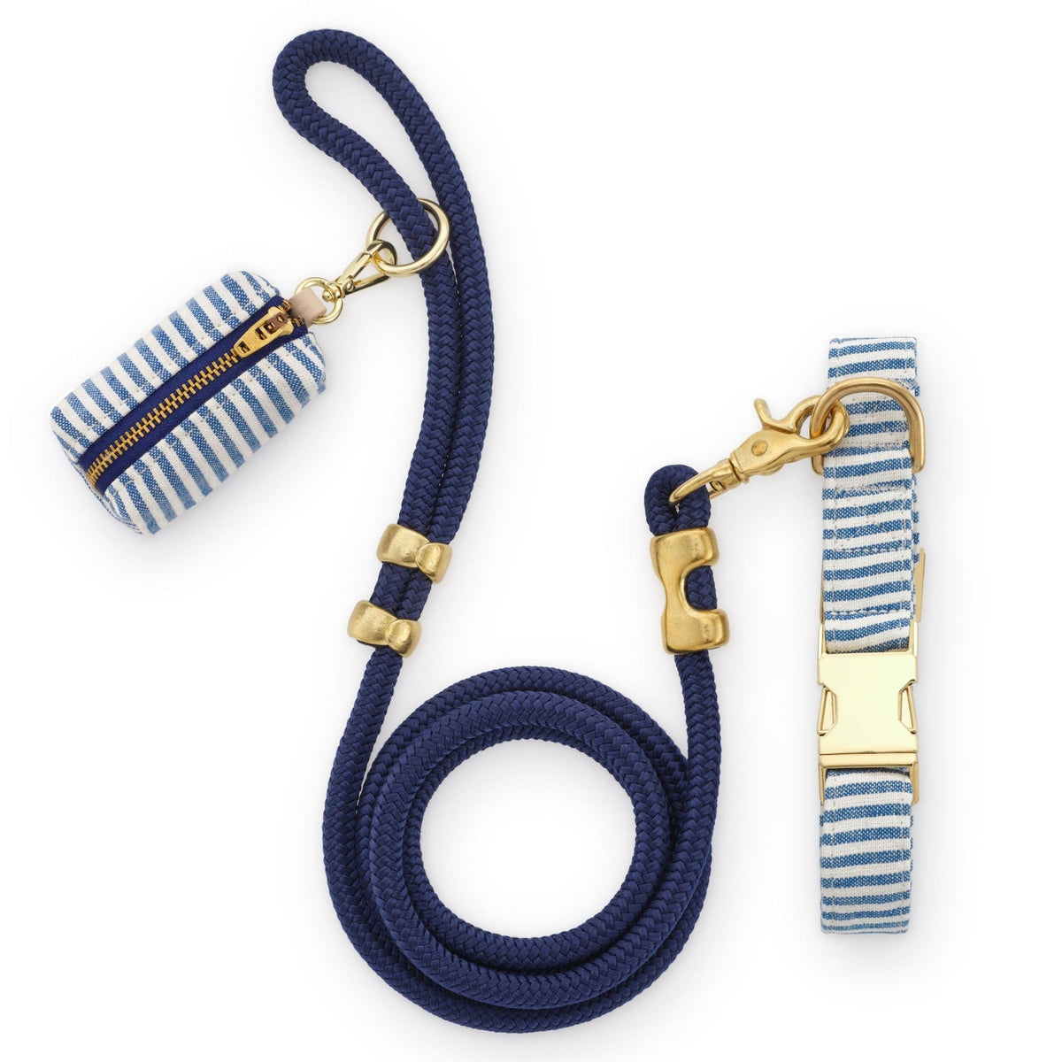 Blue Striped Cotton-Linen Dog Collar and Rope Leash Walk Set
