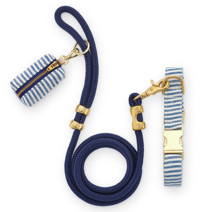 Blue Striped Cotton-Linen Dog Collar and Rope Leash Walk Set
