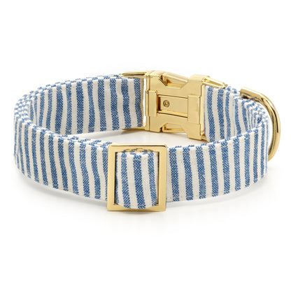 Blue & White Striped Cotton Dog Collar with Brass D-Ring