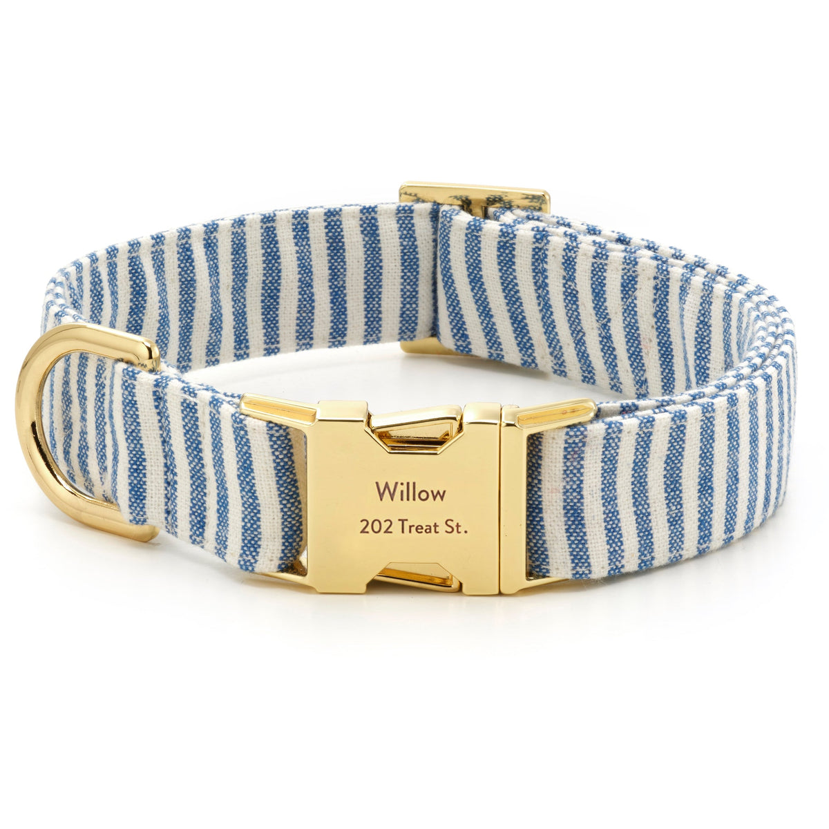 Blue & White Striped Cotton Dog Collar with Brass D-Ring