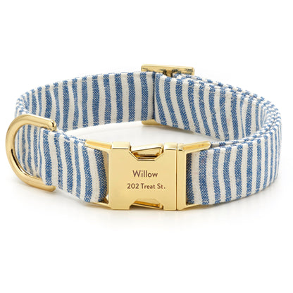 Blue & White Striped Cotton Dog Collar with Brass D-Ring