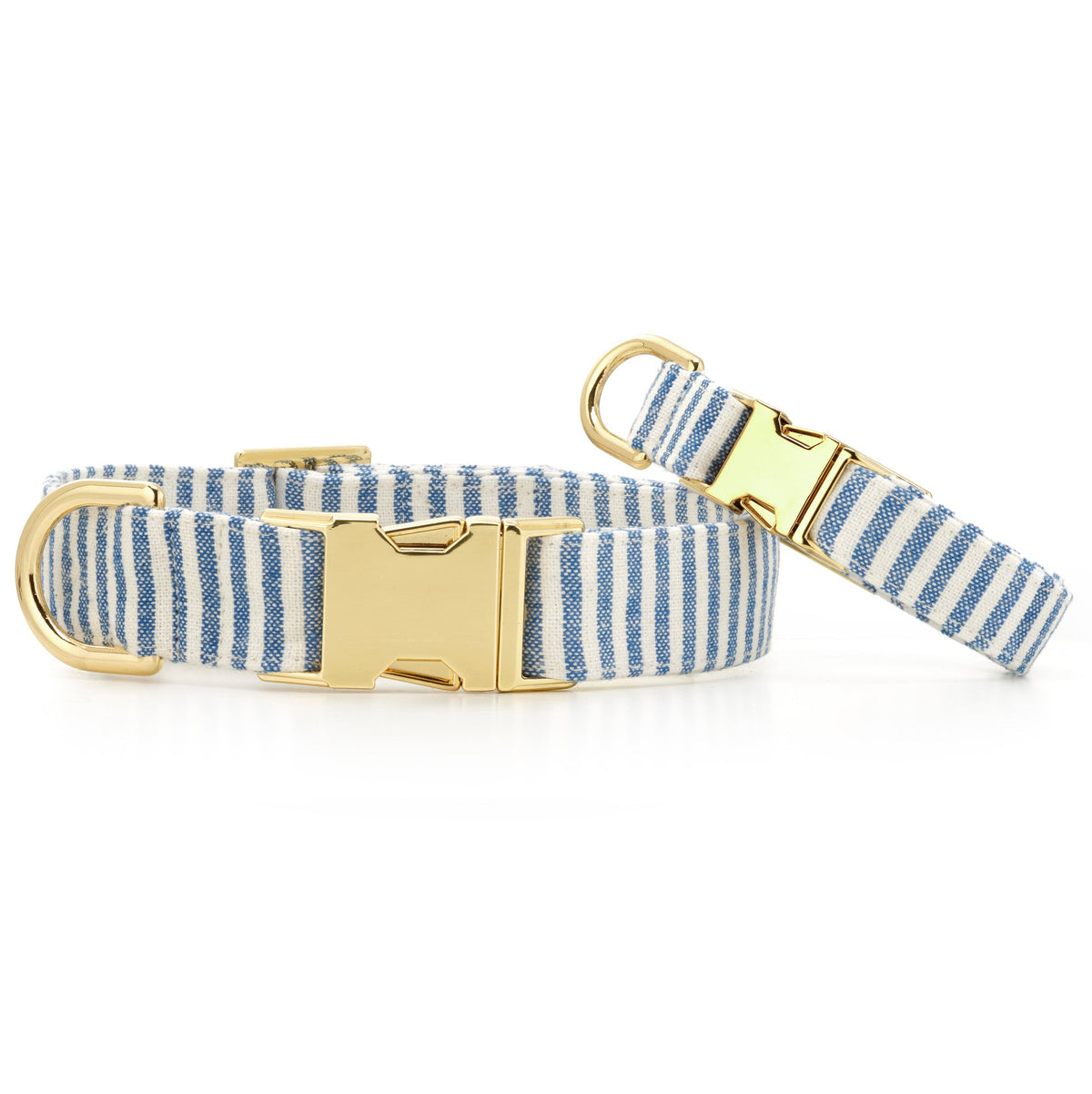 Blue & White Striped Cotton Dog Collar with Brass D-Ring
