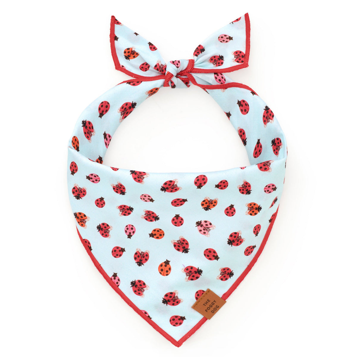 Light Blue Ladybug Print Cotton Dog Bandana with Red Hem