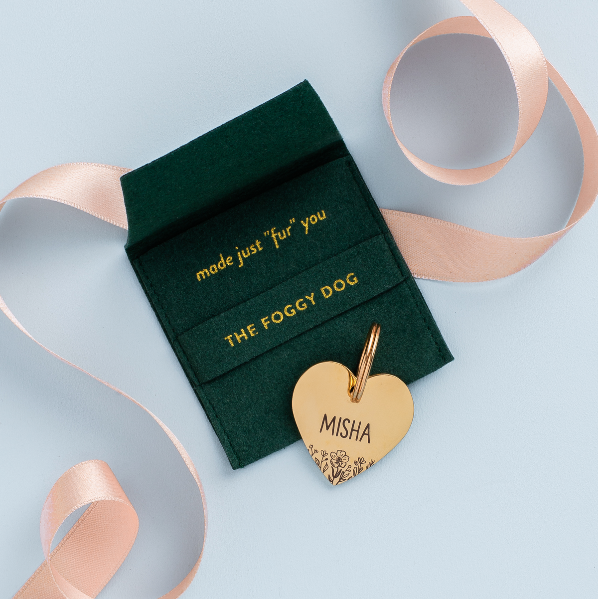 Heart Shaped Wildflower Pet ID Tag, Gold-Tone Stainless Steel