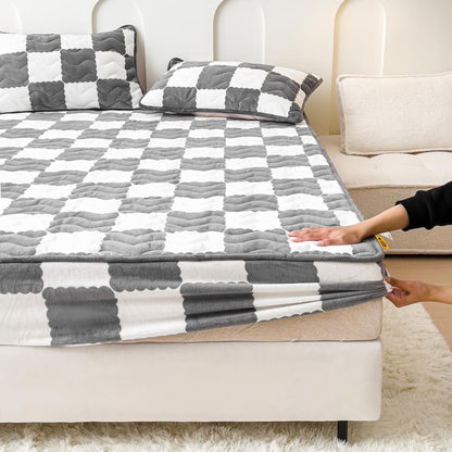 Checkered Milk Velvet Fitted Mattress Cover with Elastic Band