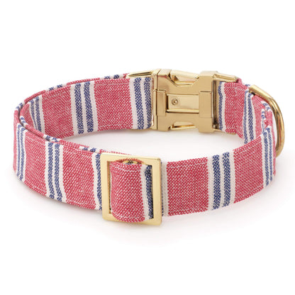 Red & Navy Striped Cotton Dog Collar with Brass D-Ring
