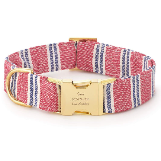 Red & Navy Striped Cotton Dog Collar with Brass D-Ring
