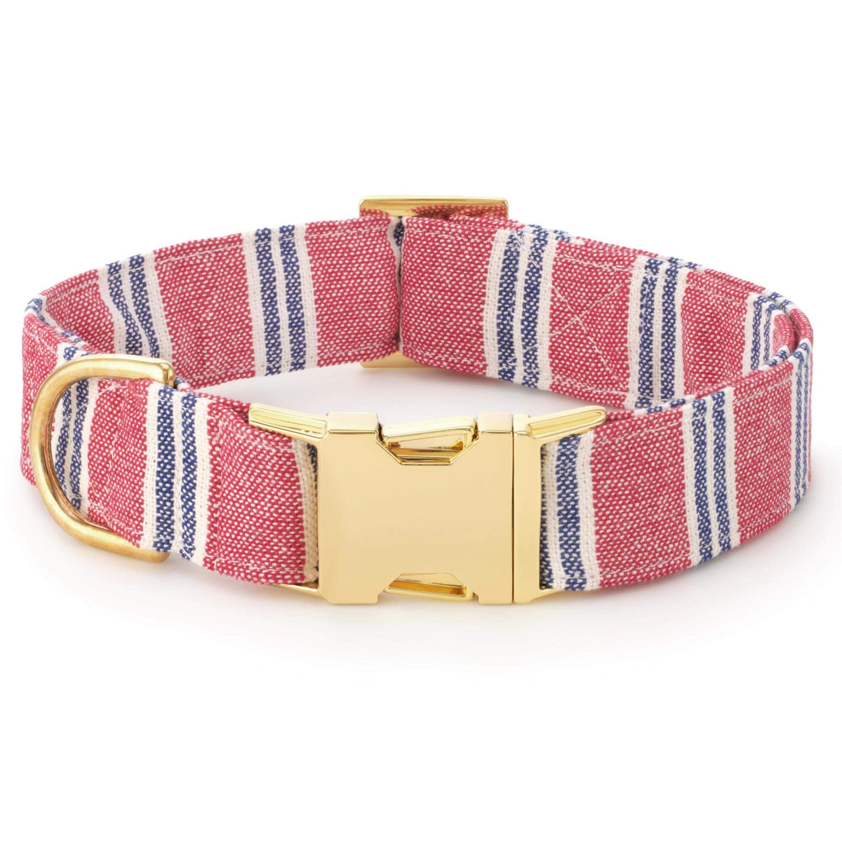 Red & Navy Striped Cotton Dog Collar with Brass D-Ring