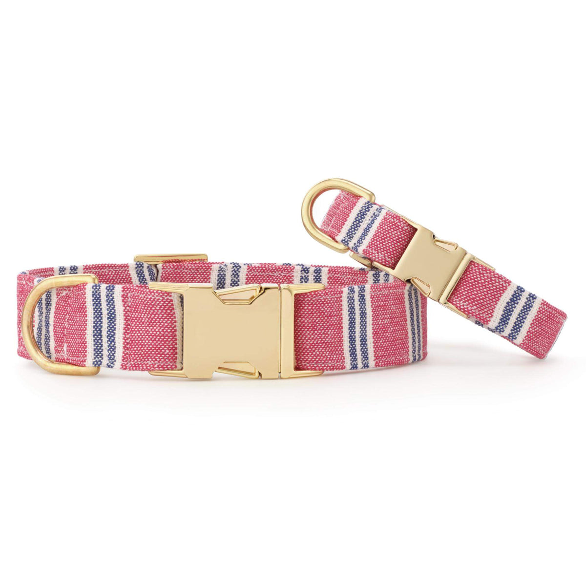 Red & Navy Striped Cotton Dog Collar with Brass D-Ring