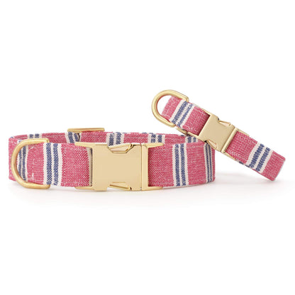 Red & Navy Striped Cotton Dog Collar with Brass D-Ring