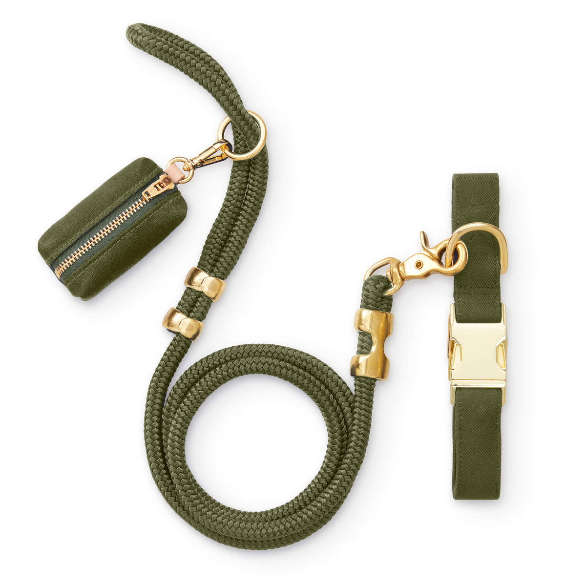 Olive Green Cotton-Linen Dog Collar and Rope Leash Walk Set