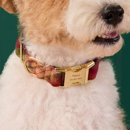 Burgundy & Olive Plaid Flannel Dog Collar with Cotton Exterior