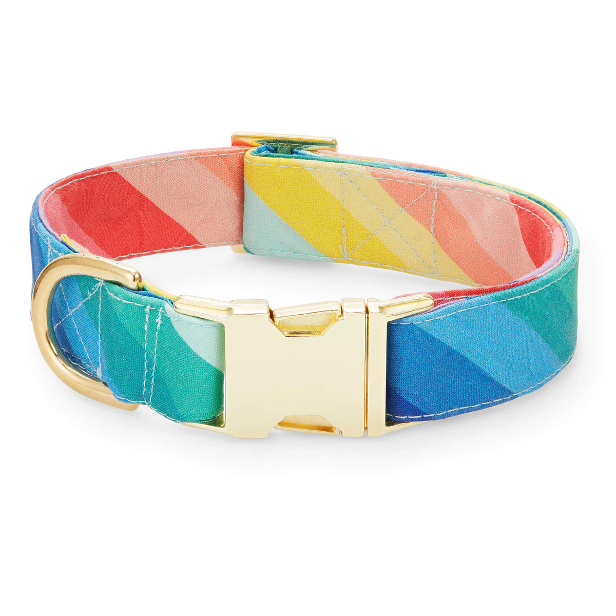 Rainbow Stripe Cotton Dog Collar with Gold Hardware