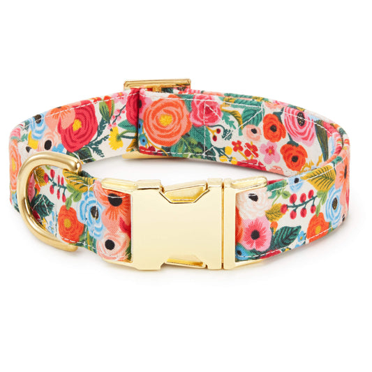 Colorful Floral Cotton Dog Collar with Brass D-Ring