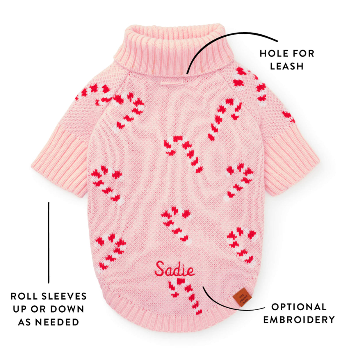 Pink Candy Cane Turtleneck Dog Sweater, Machine Washable