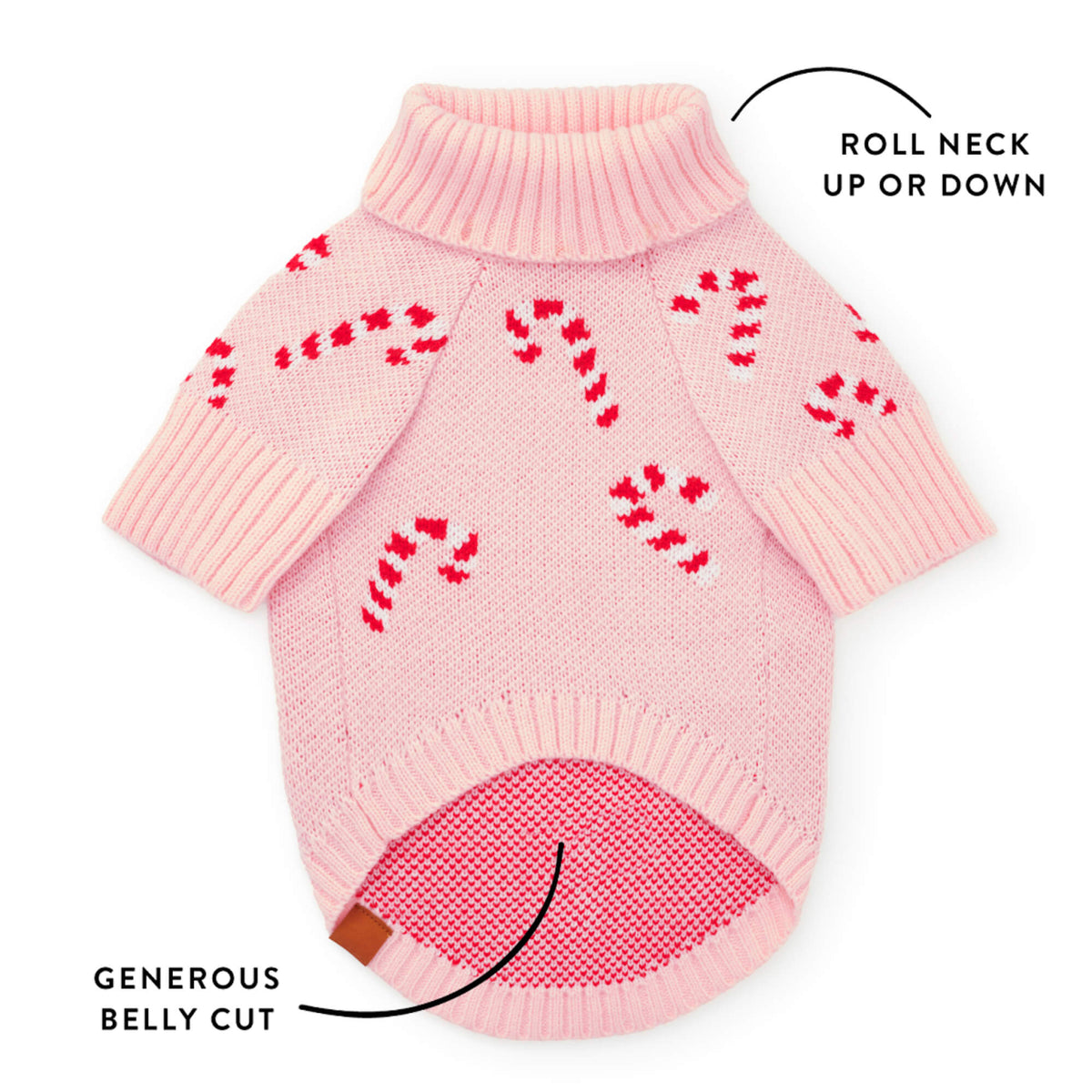 Pink Candy Cane Turtleneck Dog Sweater, Machine Washable