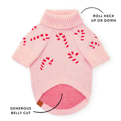 Pink Candy Cane Turtleneck Dog Sweater, Machine Washable