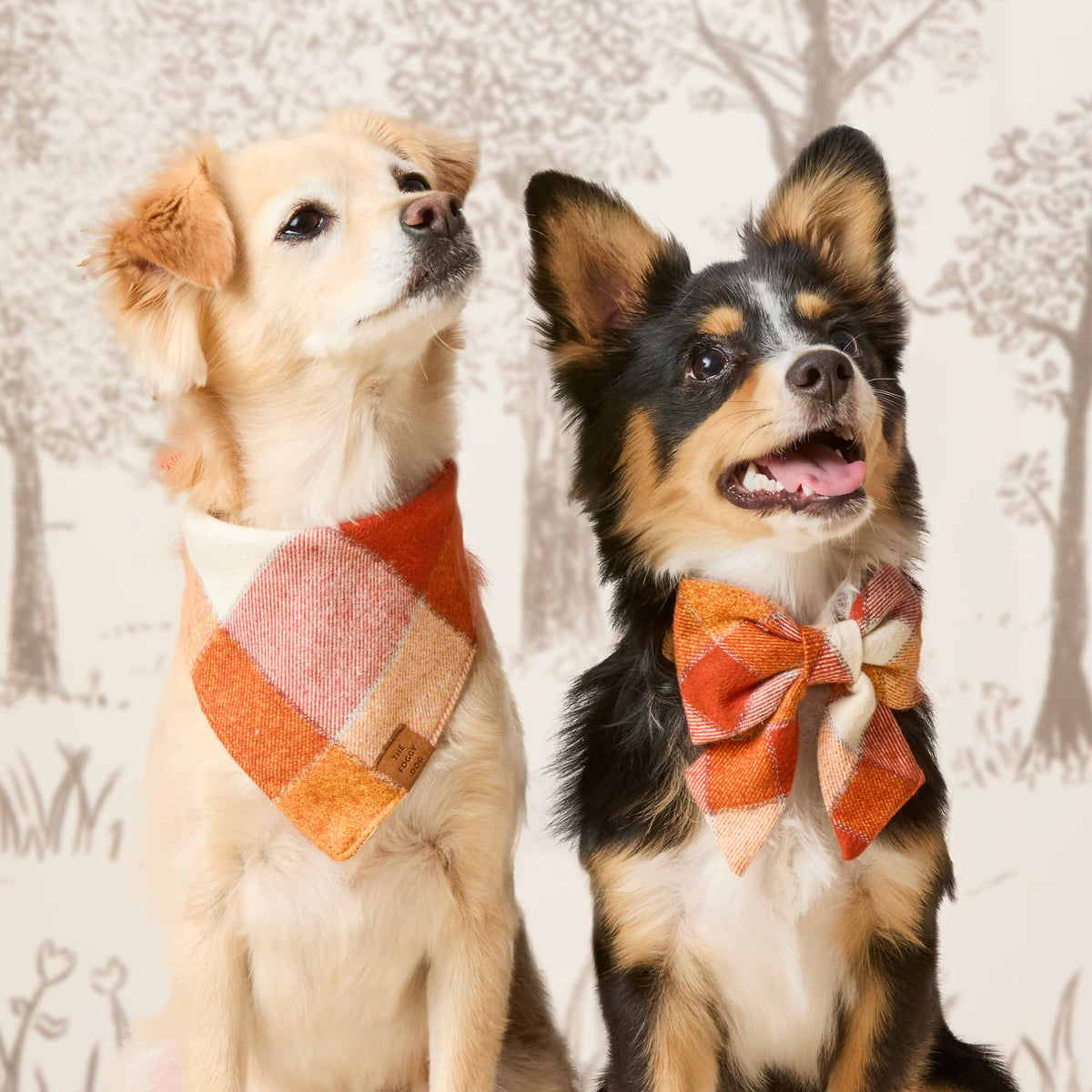 Orange & Cream Plaid Flannel Dog Bandana, Triangle Tie