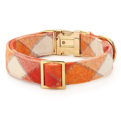 Orange & Cream Plaid Flannel Dog Collar with Gold Hardware