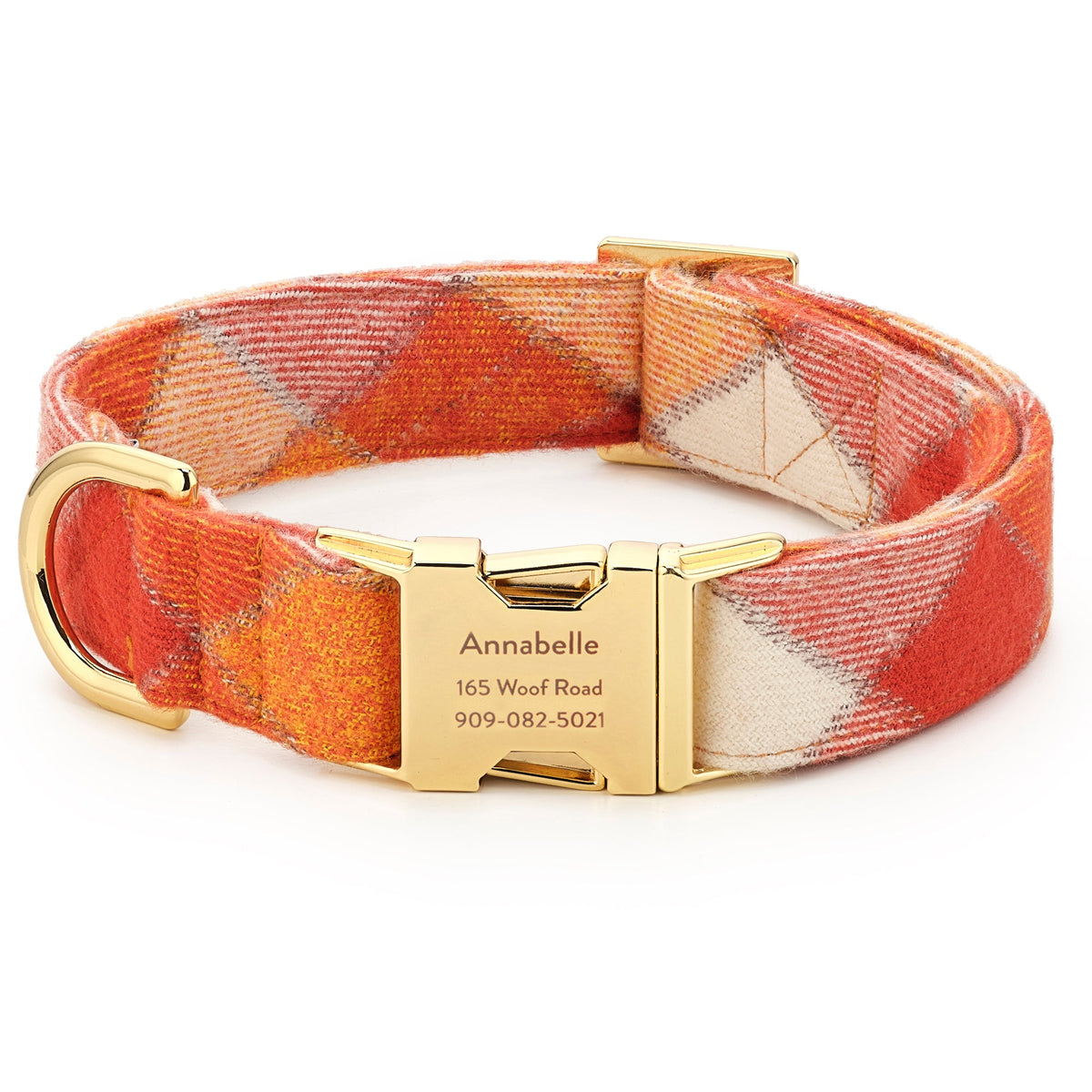 Orange & Cream Plaid Flannel Dog Collar with Gold Hardware