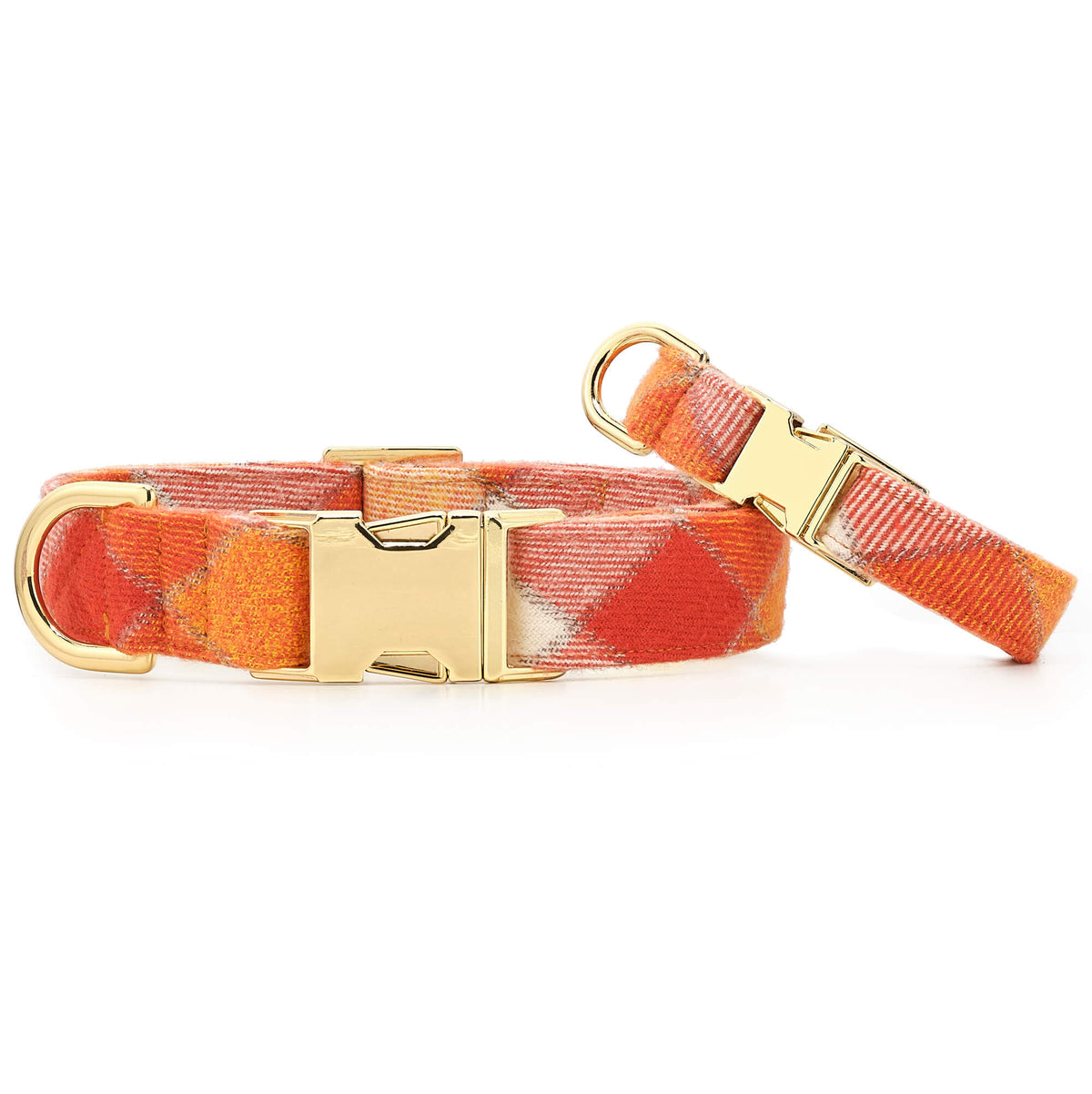 Orange & Cream Plaid Flannel Dog Collar with Gold Hardware