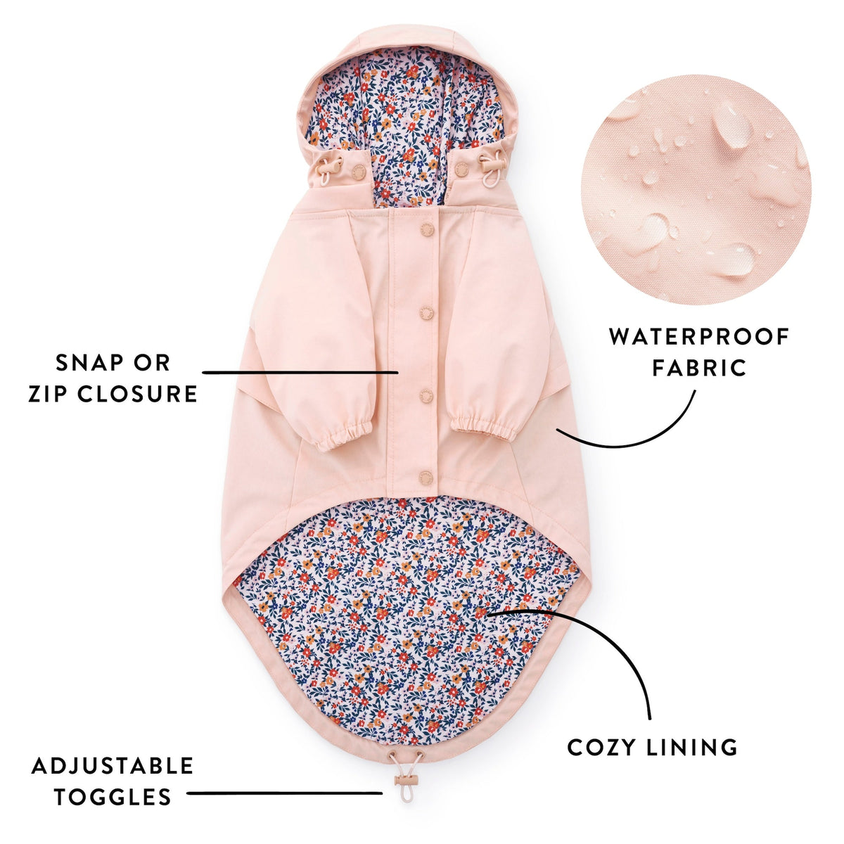 Peach Pink Waterproof Dog Raincoat with Removable Hood
