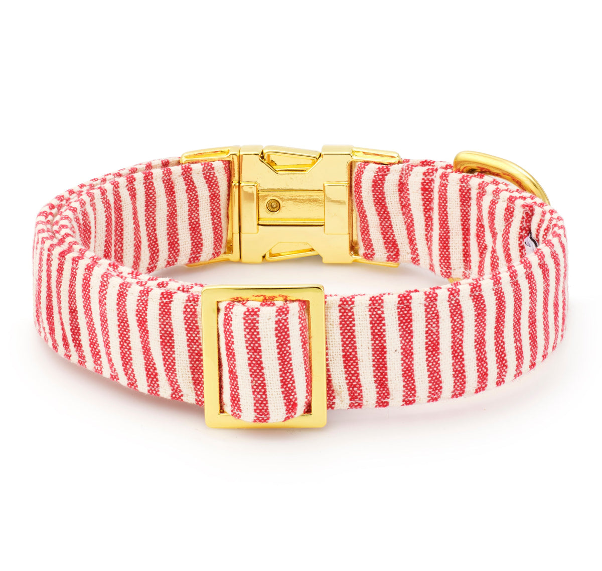 Red Stripe Cotton Dog Collar with Metal Hardware