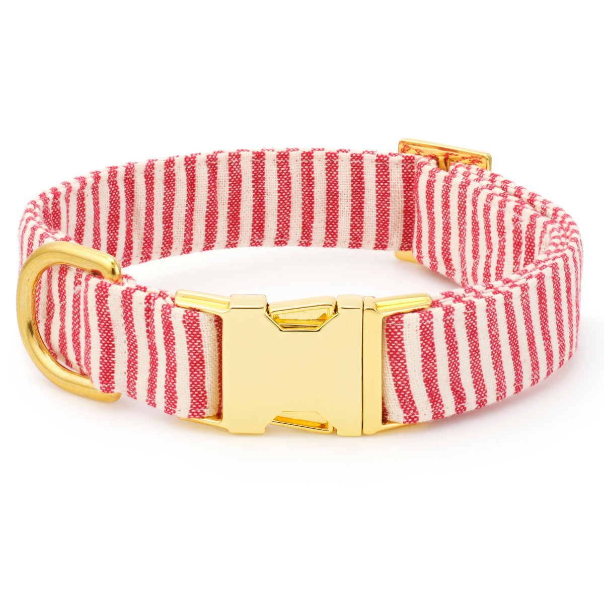 Red Stripe Cotton Dog Collar with Metal Hardware