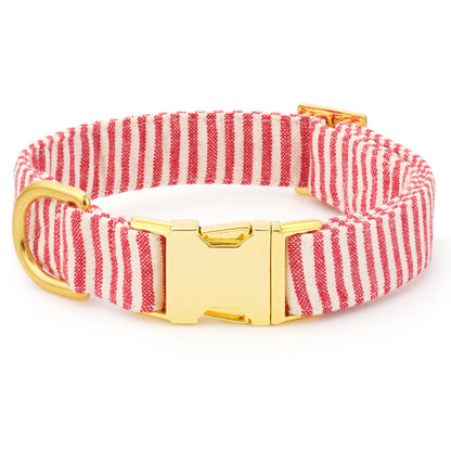 Red Stripe Cotton Dog Collar with Metal Hardware