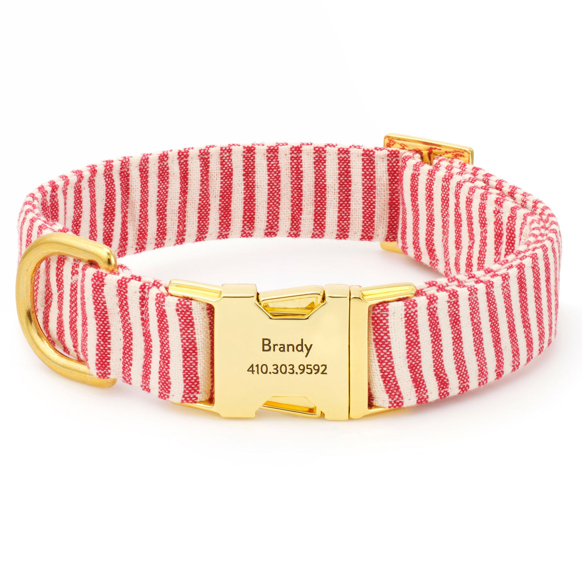 Red Stripe Cotton Dog Collar with Metal Hardware