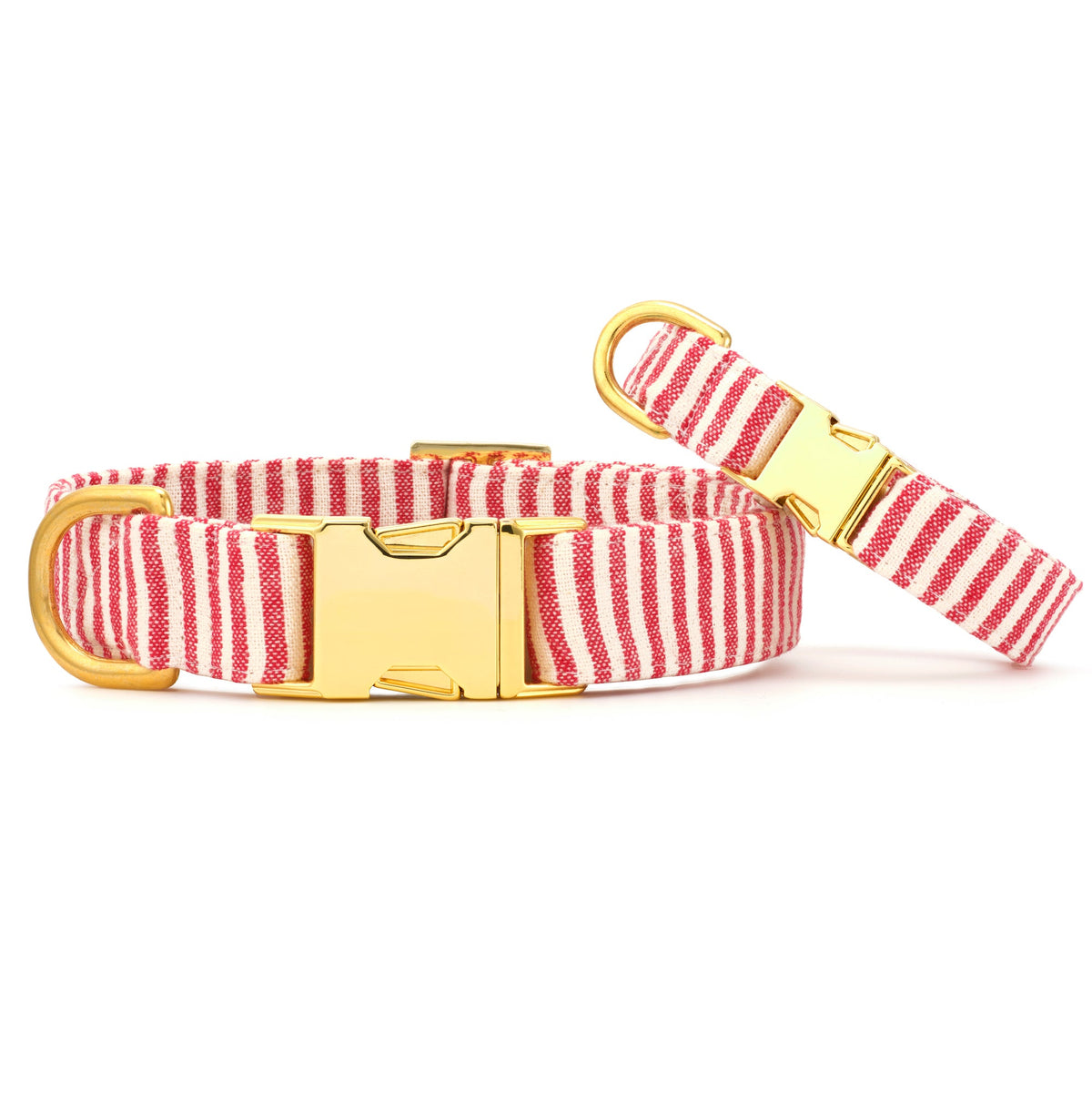Red Stripe Cotton Dog Collar with Metal Hardware