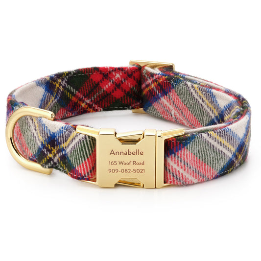 Red & Navy Tartan Plaid Cotton Dog Collar with Gold Hardware