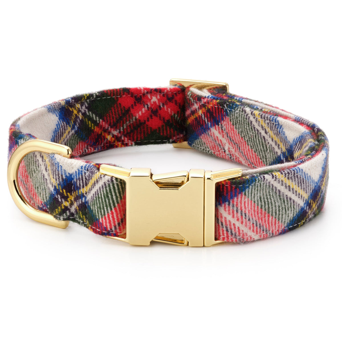 Red & Navy Tartan Plaid Cotton Dog Collar with Gold Hardware
