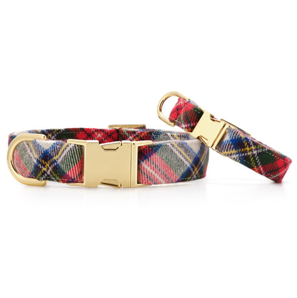 Red & Navy Tartan Plaid Cotton Dog Collar with Gold Hardware