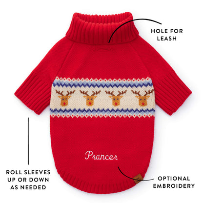 Red Reindeer Fair Isle Knit Dog Sweater, Turtleneck Pullover