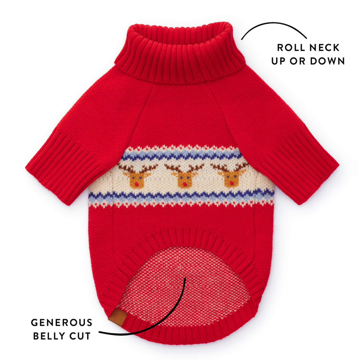 Red Reindeer Fair Isle Knit Dog Sweater, Turtleneck Pullover