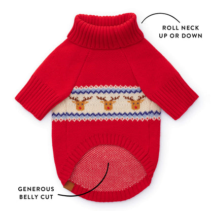 Red Reindeer Fair Isle Knit Dog Sweater, Turtleneck Pullover