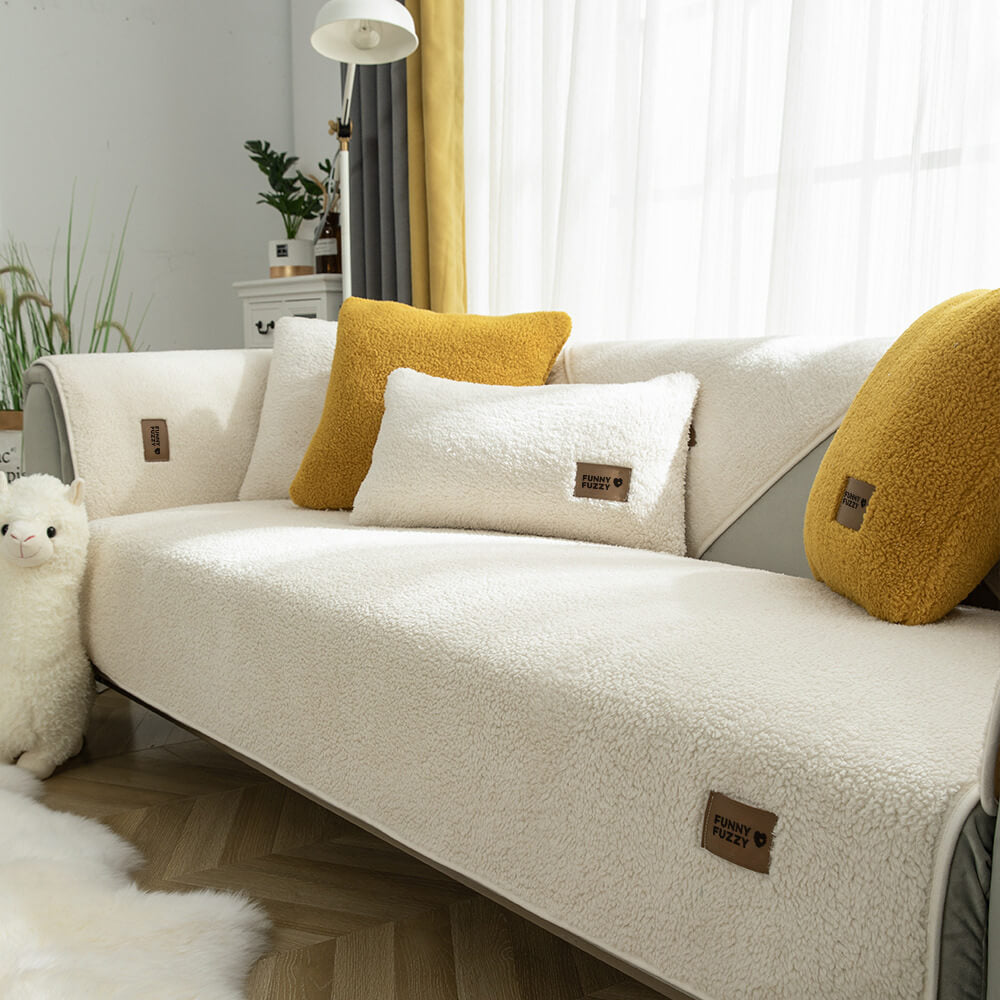 Waterproof Faux Sherpa Fleece Couch Cover with Non-Slip Back