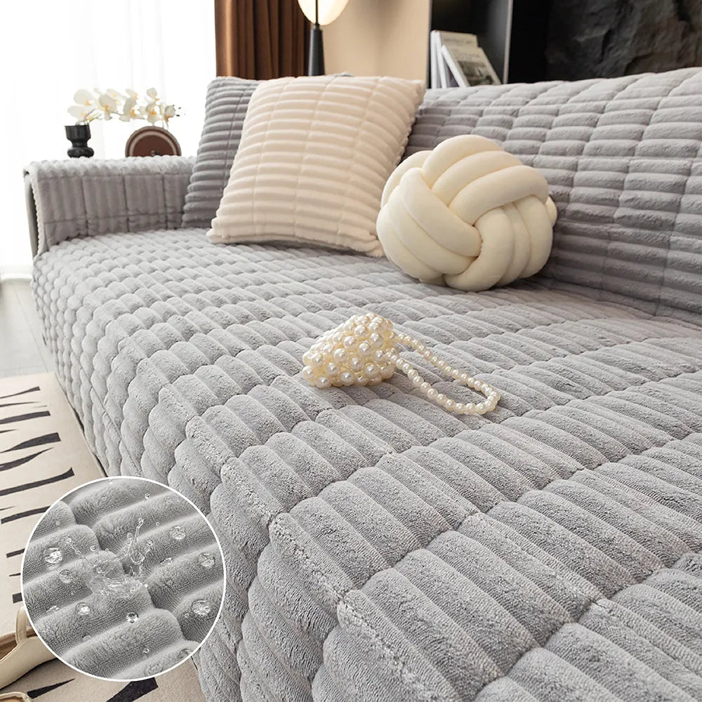 Waterproof One-Piece Flannel Sofa Cover with Quilted Look
