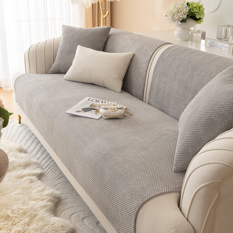 Solid Color Plush Couch Cover, Non-Slip Furniture Protector