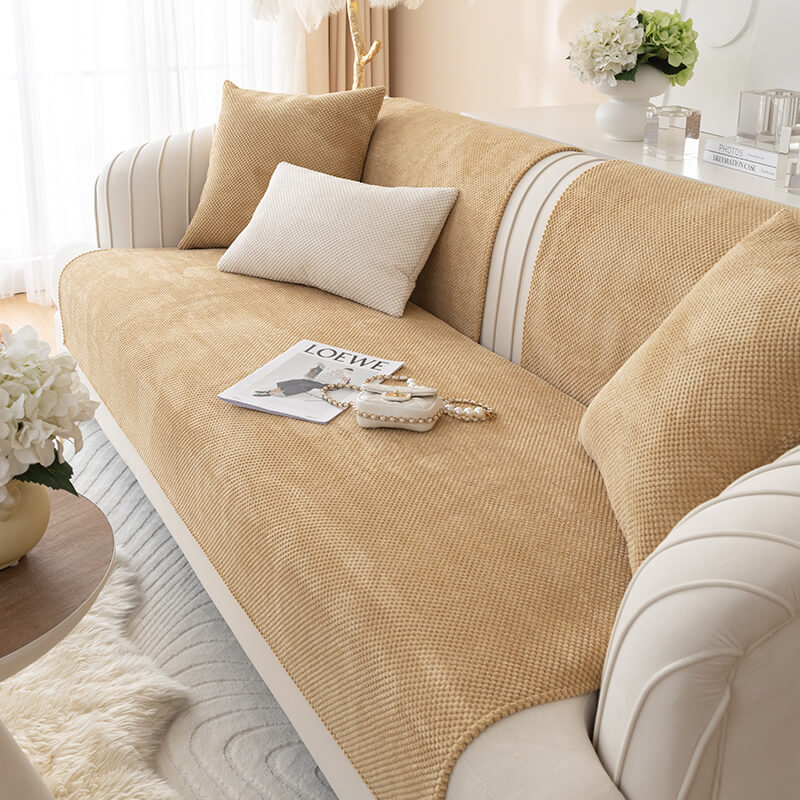 Solid Color Plush Couch Cover, Non-Slip Furniture Protector
