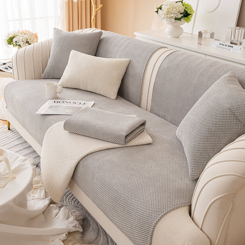 Solid Color Plush Couch Cover, Non-Slip Furniture Protector