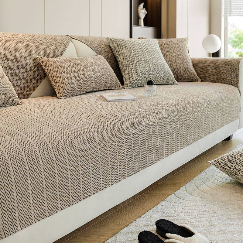 Herringbone Chenille Couch Cover with Non-Slip Back, Scratch Resistant