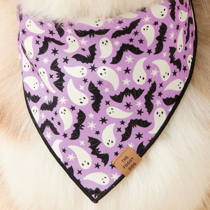 Lilac Ghost & Bat Halloween Reversible Dog Bandana, Triangle Tie