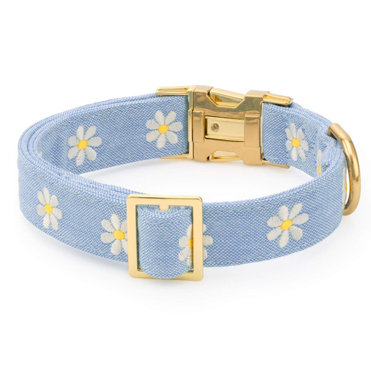Light Blue Daisy Embroidered Cotton Dog Collar, Sizes XS to Large