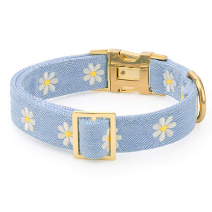 Light Blue Daisy Embroidered Cotton Dog Collar, Sizes XS to Large