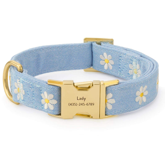 Light Blue Daisy Embroidered Cotton Dog Collar, Sizes XS to Large