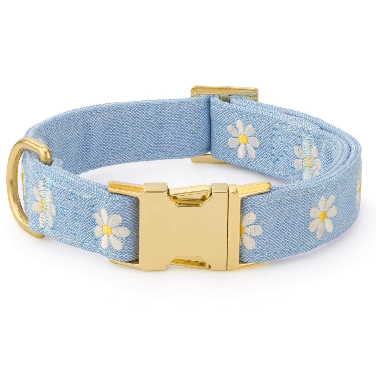 Light Blue Daisy Embroidered Cotton Dog Collar, Sizes XS to Large