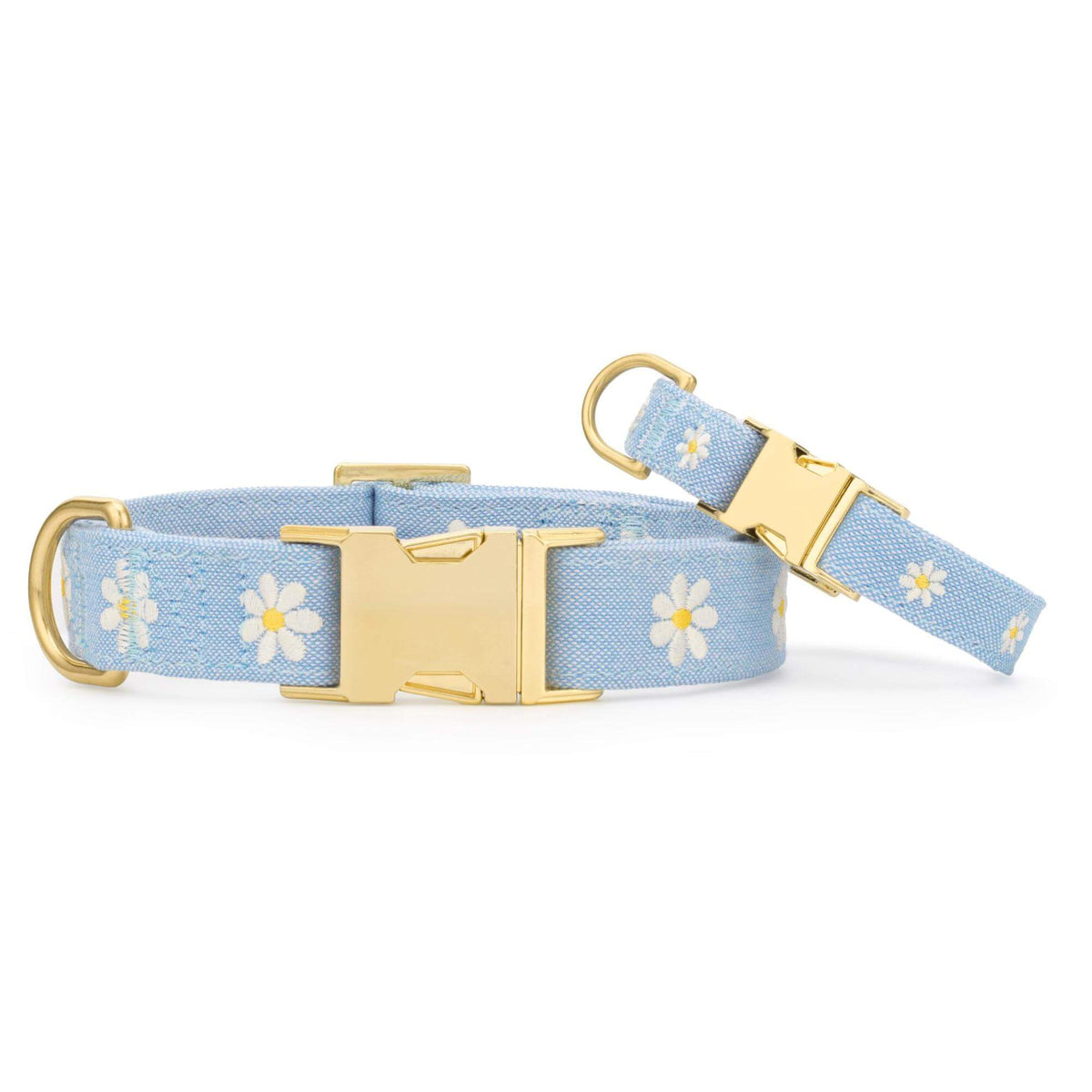 Light Blue Daisy Embroidered Cotton Dog Collar, Sizes XS to Large