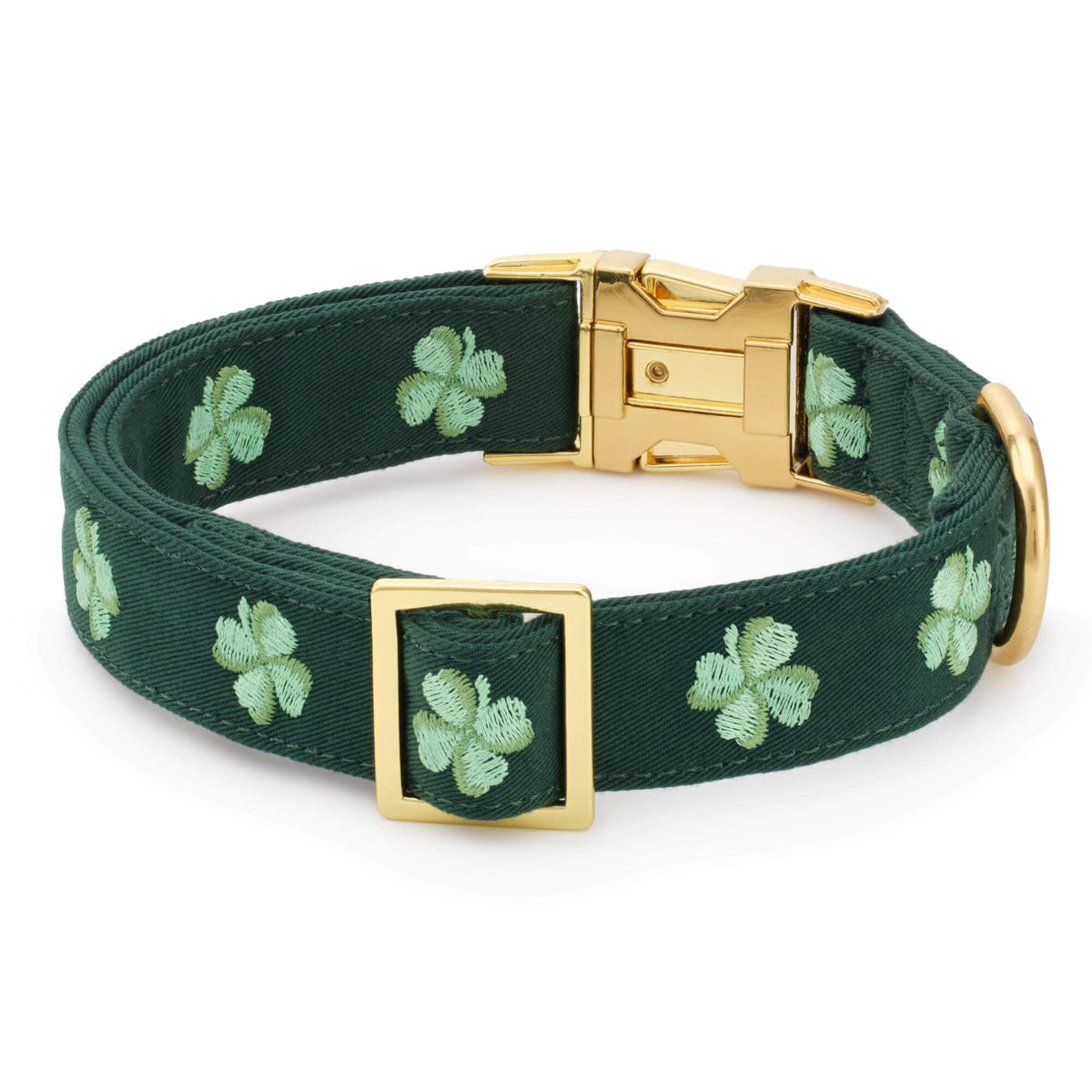 Green Clover Embroidered Dog Collar with Metal Hardware
